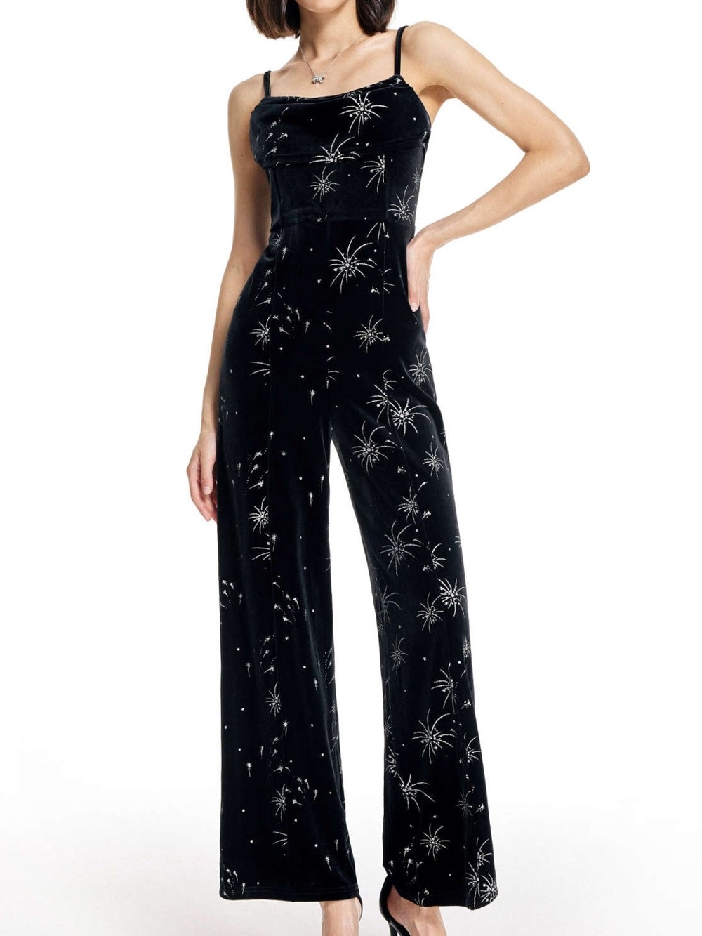 Cider Black Velvet Star Print Wide Leg Jumpsuit Medium